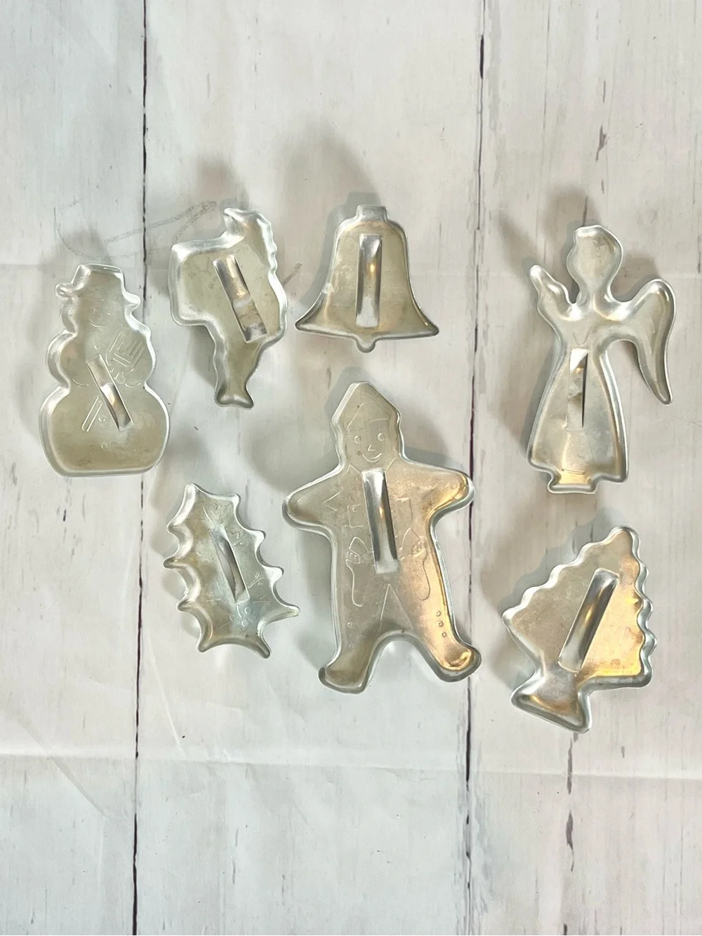 Vintage MCM Aluminum Christmas Cookie Cutters Set of 7 With Handles Retro